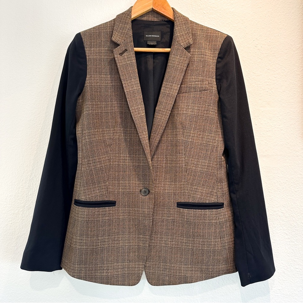 Colorblock Plaid Blazer with Black Sleeves
